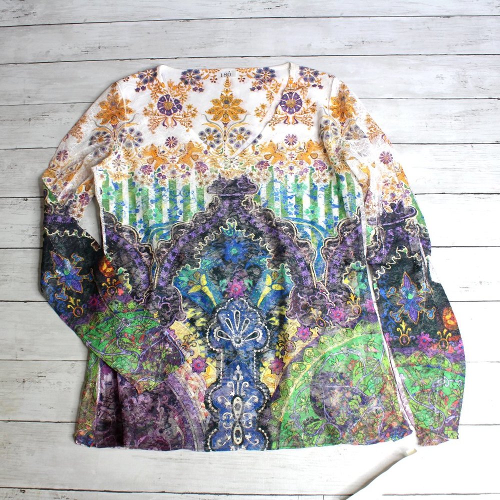 Womens Vintage Mesh Lace Tee Top Blouse Size M V Neck Long Sleeve